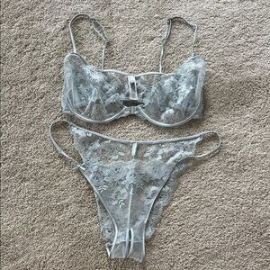 SKIMS embroidered lingerie set pearl grey from close bra 32dd crotchless panty
